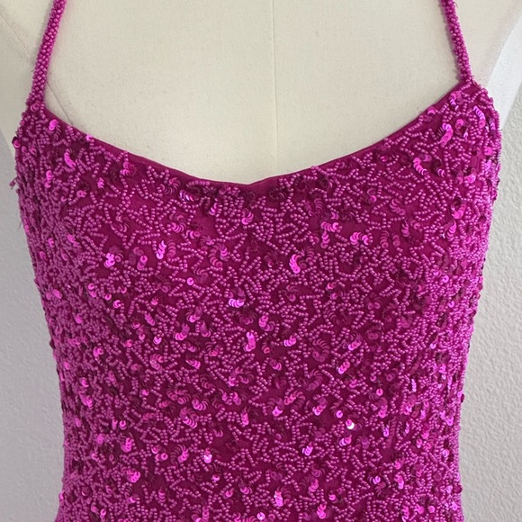 SCALA Beaded Maxi Midi Dress Side Slit Padded 100% Silk Pink Magenta Size M Prom - Picture 8 of 12